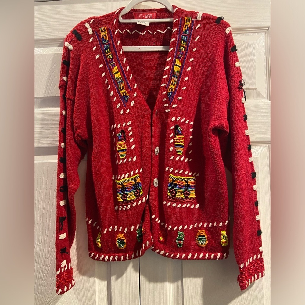 Vtg Ivy-Wear Beaded Red Sweater Native American Silk Blend Southwest Pocket Sz M